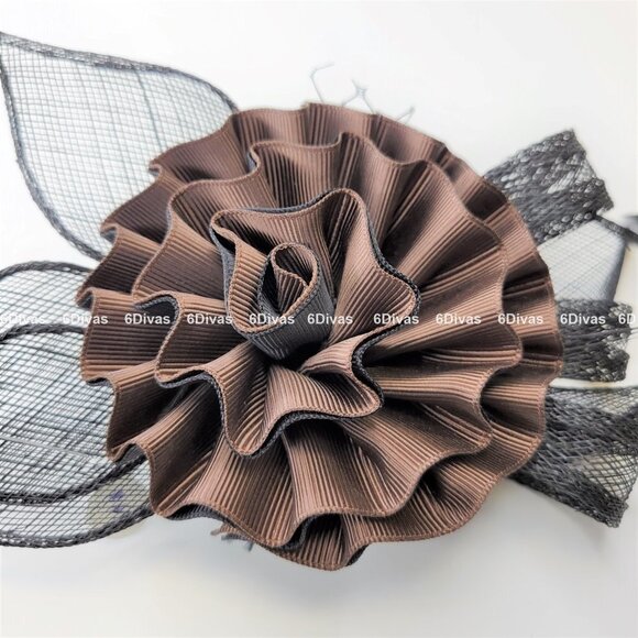 Dark Brown and Black Floral Rosette Fascinator Headpiece and Brooch - Picture 2 of 11